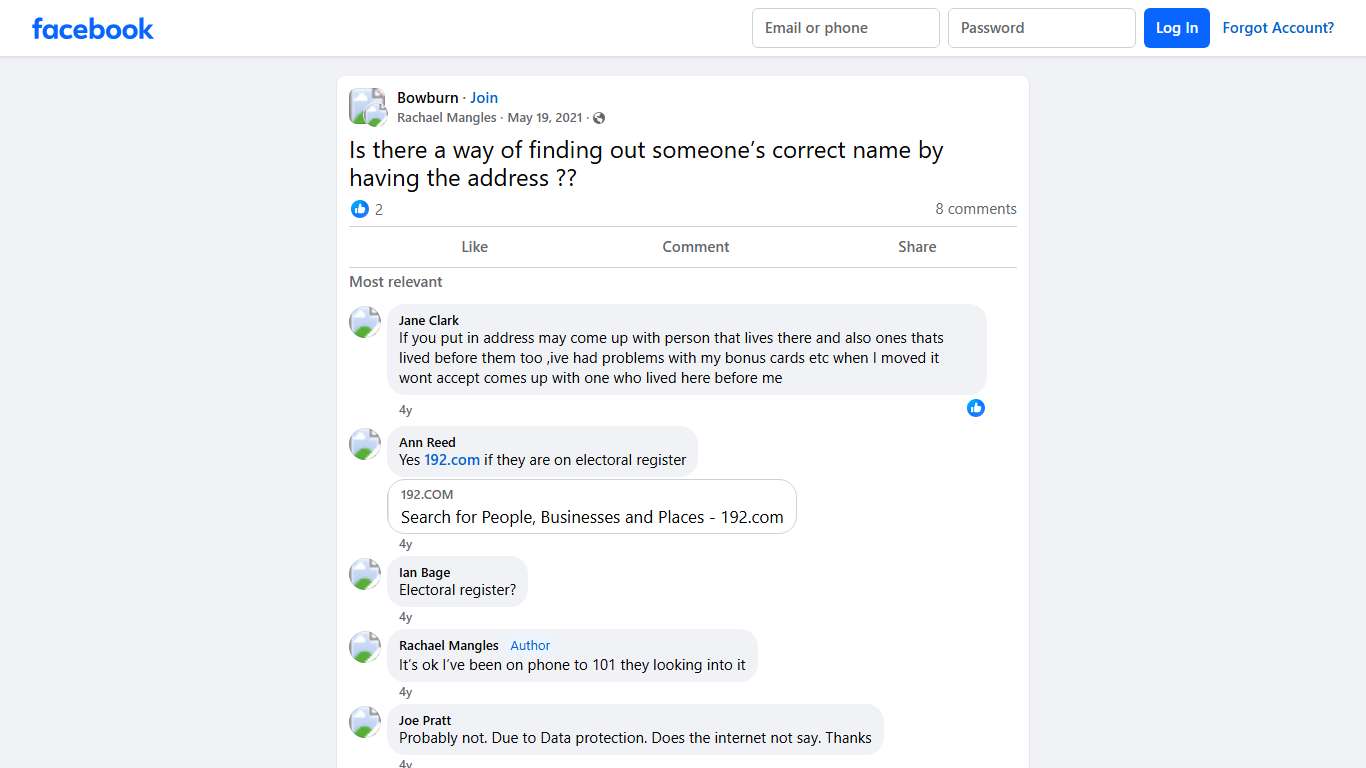 Bowburn | Is there a way of finding out someone’s correct name by having the address | Facebook